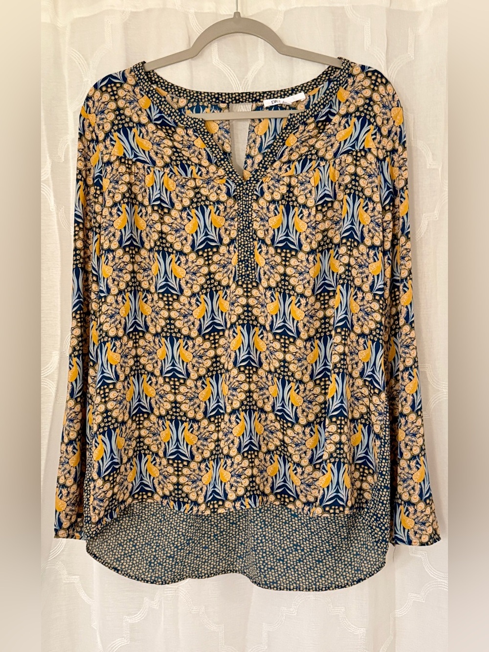 DR2 Large Navy Mustard Floral Mixed Print Boho Tunic Blouse
